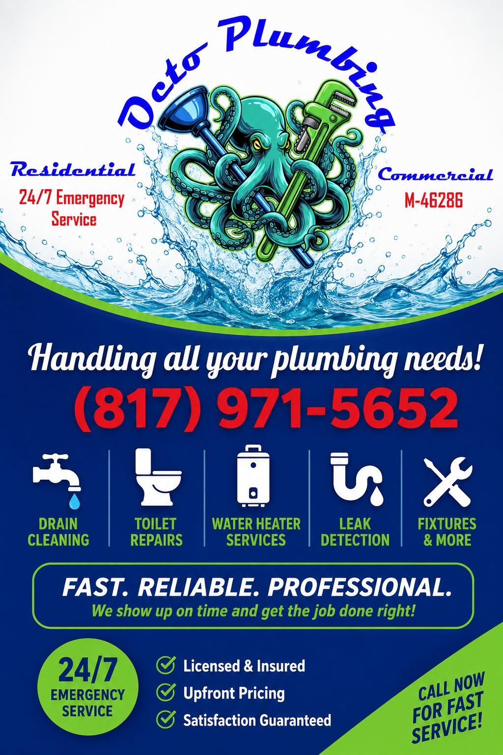 Octo Plumbing service flyer: handling all your plumbing needs, 24/7 emergency service, (817) 971-5652